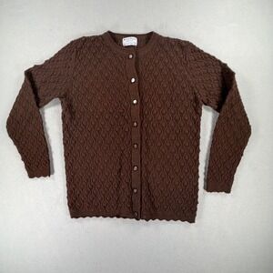 Vintage British Vogue Womens M Brown Acrylic Cable Knit Cardigan Sweater 60s 70s